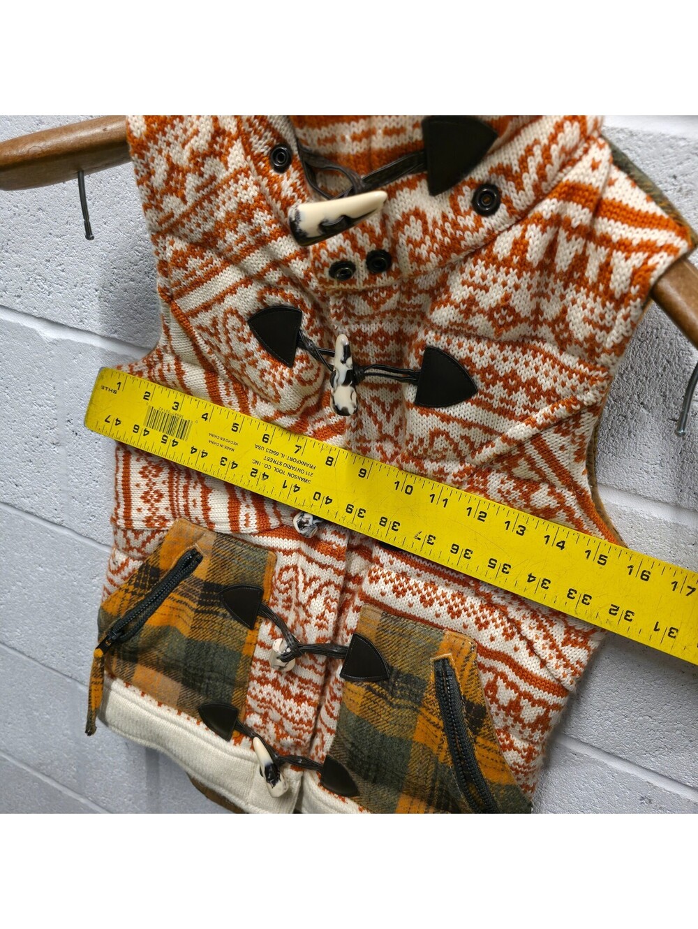 Da Nang Women's Sweater Hooded Vest Orange Plaid Wool Blend Vest XS 16x24 - Picture 4 of 9
